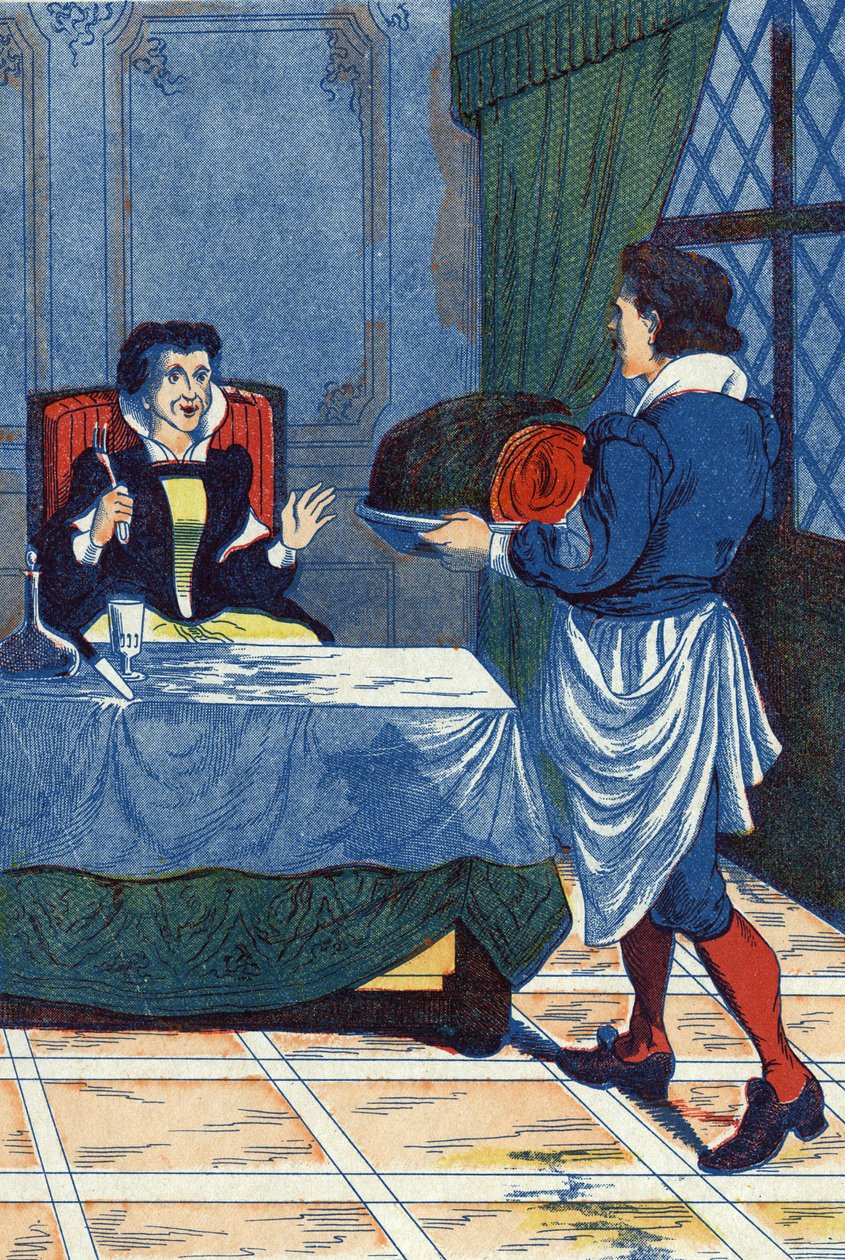 Hotellmesteren serverer et barn til ogressen. Illustrasjon for "La belle au bois dormant", fortelling av Charles Perrault (1628-1703), fransk forfatter. Illustrasjon anonym. Bilder Marcel Vagne, Jarville Nancy, udatert (slutten av 1800-tallet). av Unknown artist