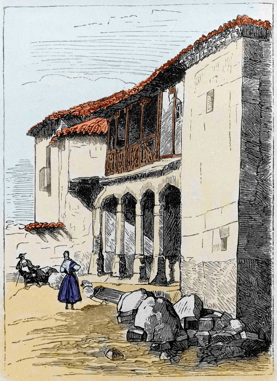 Huset til Sante de Valcuebo i Salamanca hvor Christopher Columbus holdt sin første konferanse. Gravering av 1800-tallet av Unknown artist