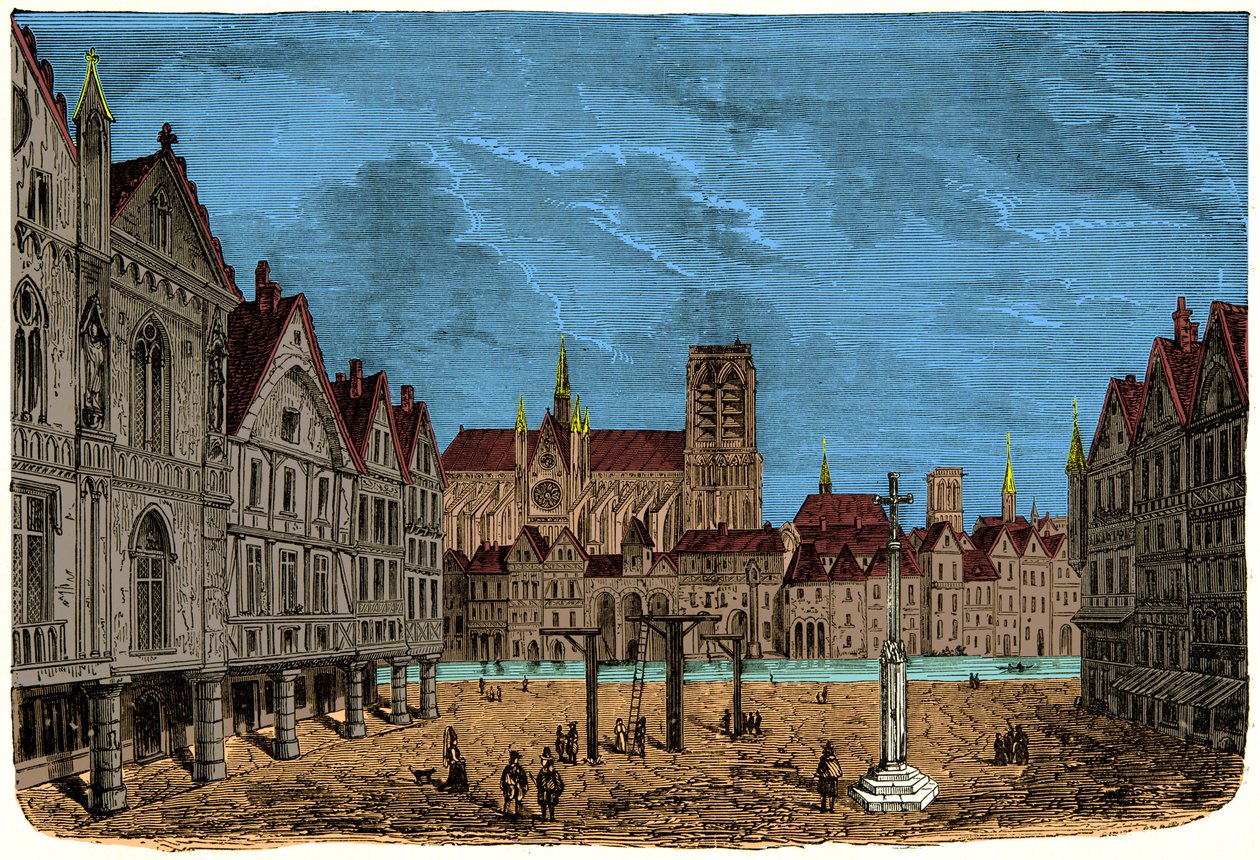 Huset med søylene eller huset til Dauphin, tidligere og første byhotell i Paris i middelalderen, gravering 1800-tallet av Unknown artist