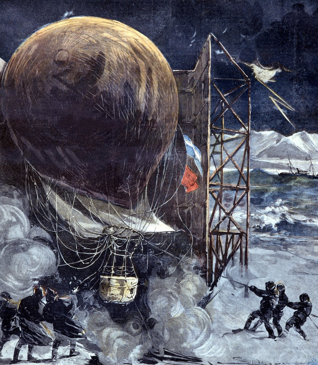 Hydrogenballongen Oernen (Aquila) av den svenske ingeniøren Solomon Andrée (1854 - 1897) under en snøstorm på en øy i Danmark, kort tid før avgangen til Nordpolen, en ekspedisjon som vil gå tapt. 1897 av Unknown artist