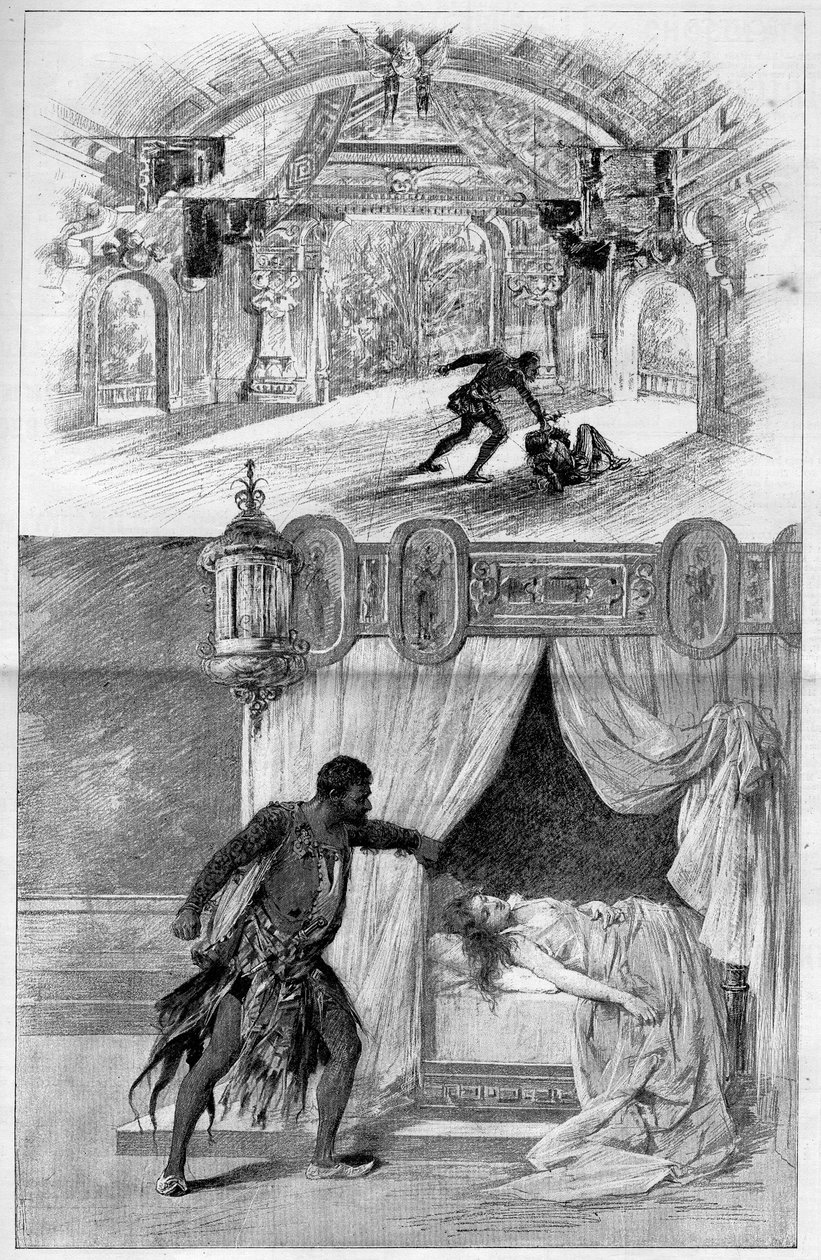 Det berømte teateret: Otello (Othello), opera av Giuseppe Verdi (1813-1901), italiensk komponist, representert på Scala Theatre i Milano 12. februar. Gravering i "" Le monde illustrious"" av Unknown artist