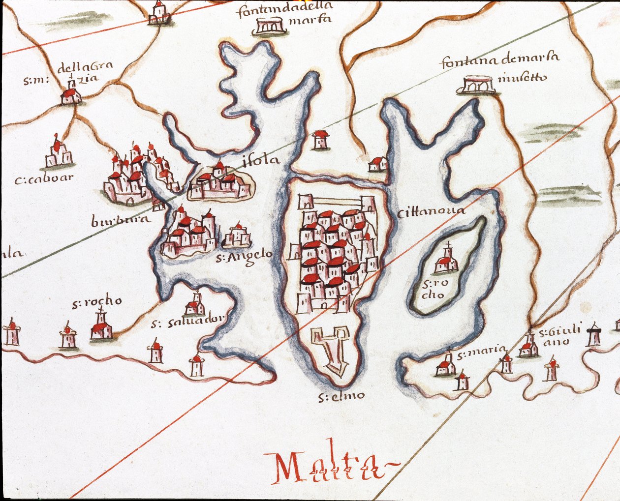 Øya Malta, med Fort St. Elmo (Detalj av Portulan de Castellini av Unknown artist