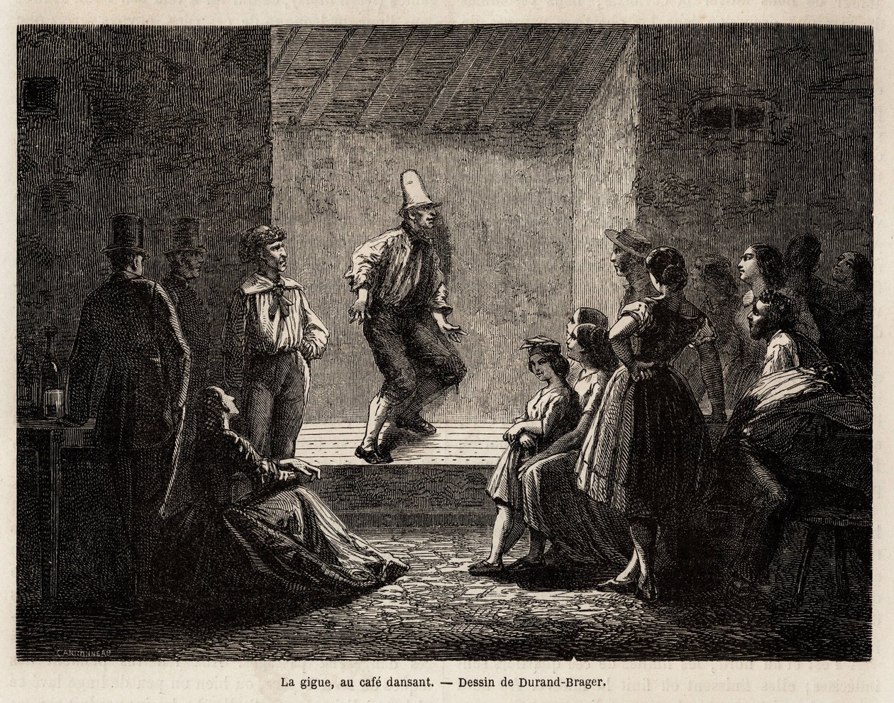 Risten, i en dansende kafé, tegning av Durand Brager, for å illustrere En ekskursjon til de fattige London-nabolagene i 1862, av L.Simonin. Gravering i "" Le tour du monde"", redigert av Edouard Charton av Unknown artist