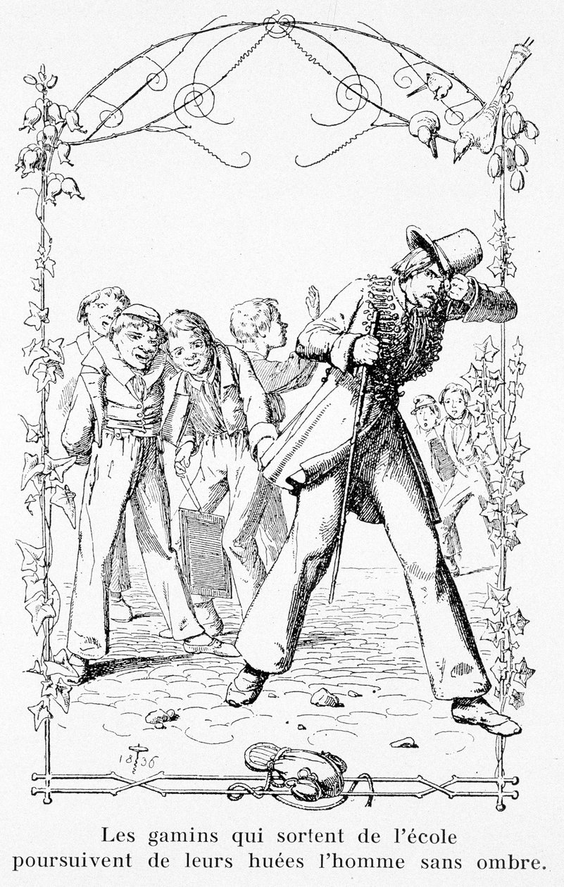 Barna som forlater skolen jager mannen uten skygge - i "Den fantastiske historien om Pierre Schlemihl" av Aldebert Von Chamisso av Unknown artist