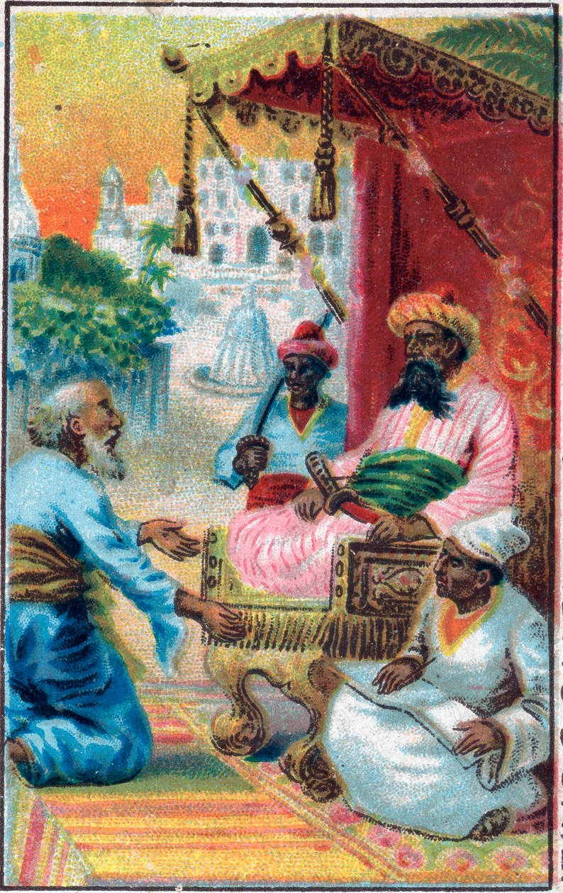 Kongen og indianeren. Fortellingen "" Historien om den fortryllede hesten"" i "De tusen og en natt" (de 1001 nettene eller Le mille e una notte, Arabian Nights). Kromolitografi fra slutten av 1800-tallet. av Unknown artist