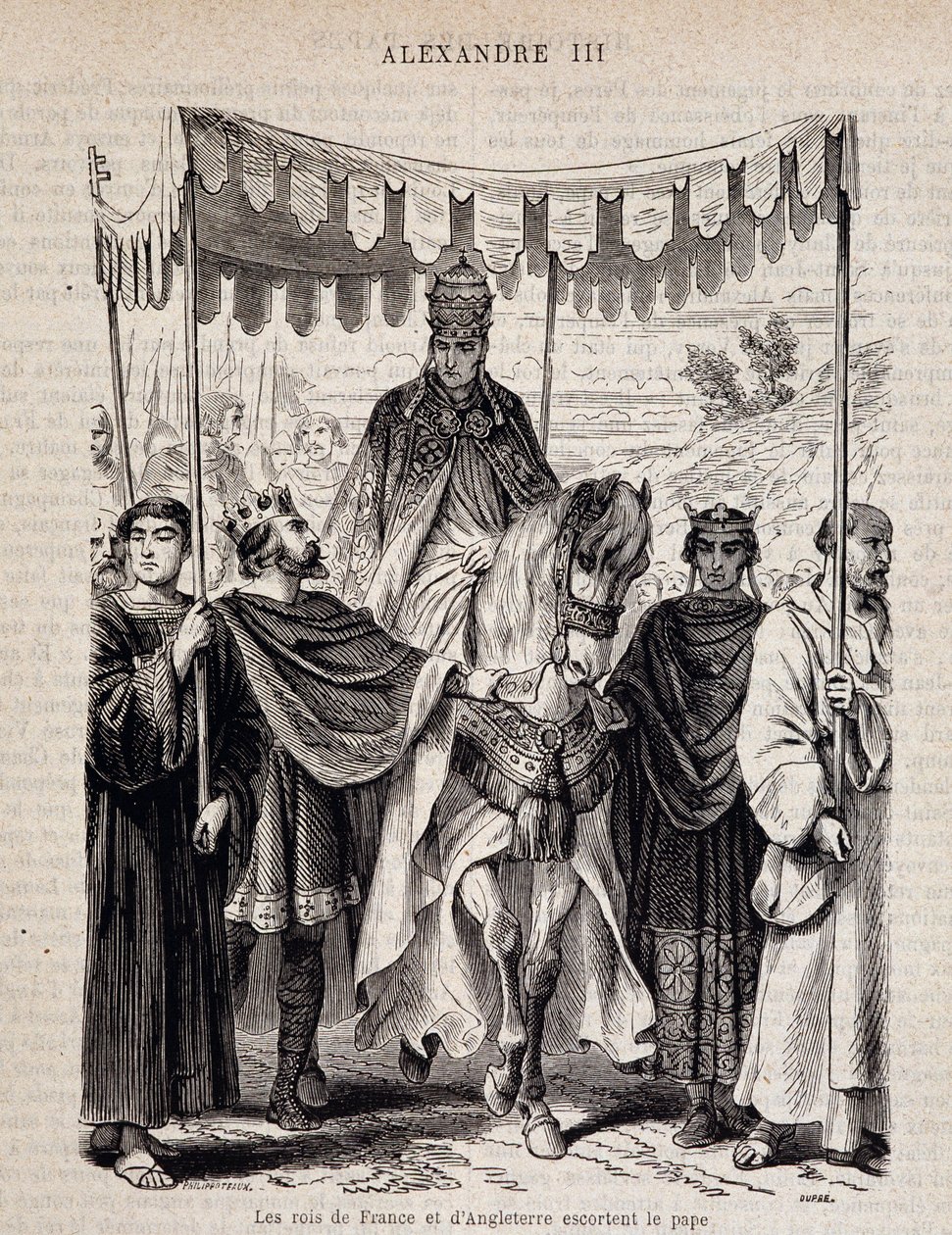 Kongene av Frankrike Ludvig VII den unge (1120 - 1180) og England eskorterer pave Alexander III - i "Histoire des popes"", n.d. av Unknown artist