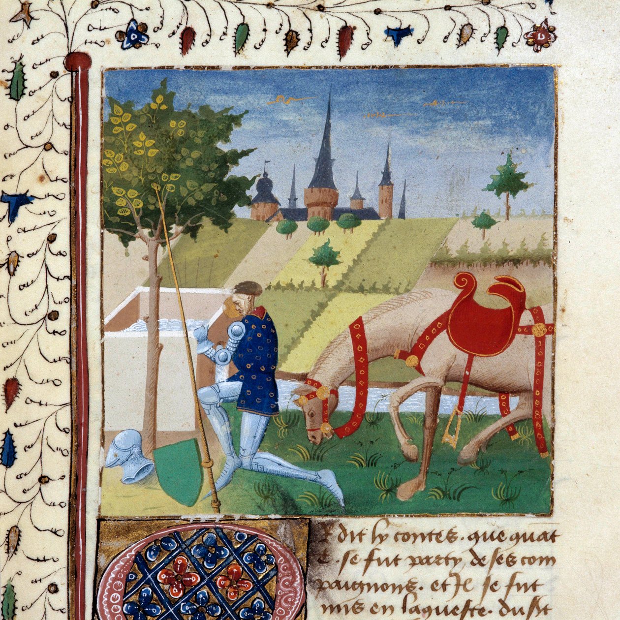 Ridderen av det runde bord Gauvain (eller Gawain), nevø av kong Arthur nær en fontene. Miniatyr fra manuskriptet "The novel of the Quete of the Grail"" 1450-1460 Dijon, kommunalt bibliotek av Unknown artist