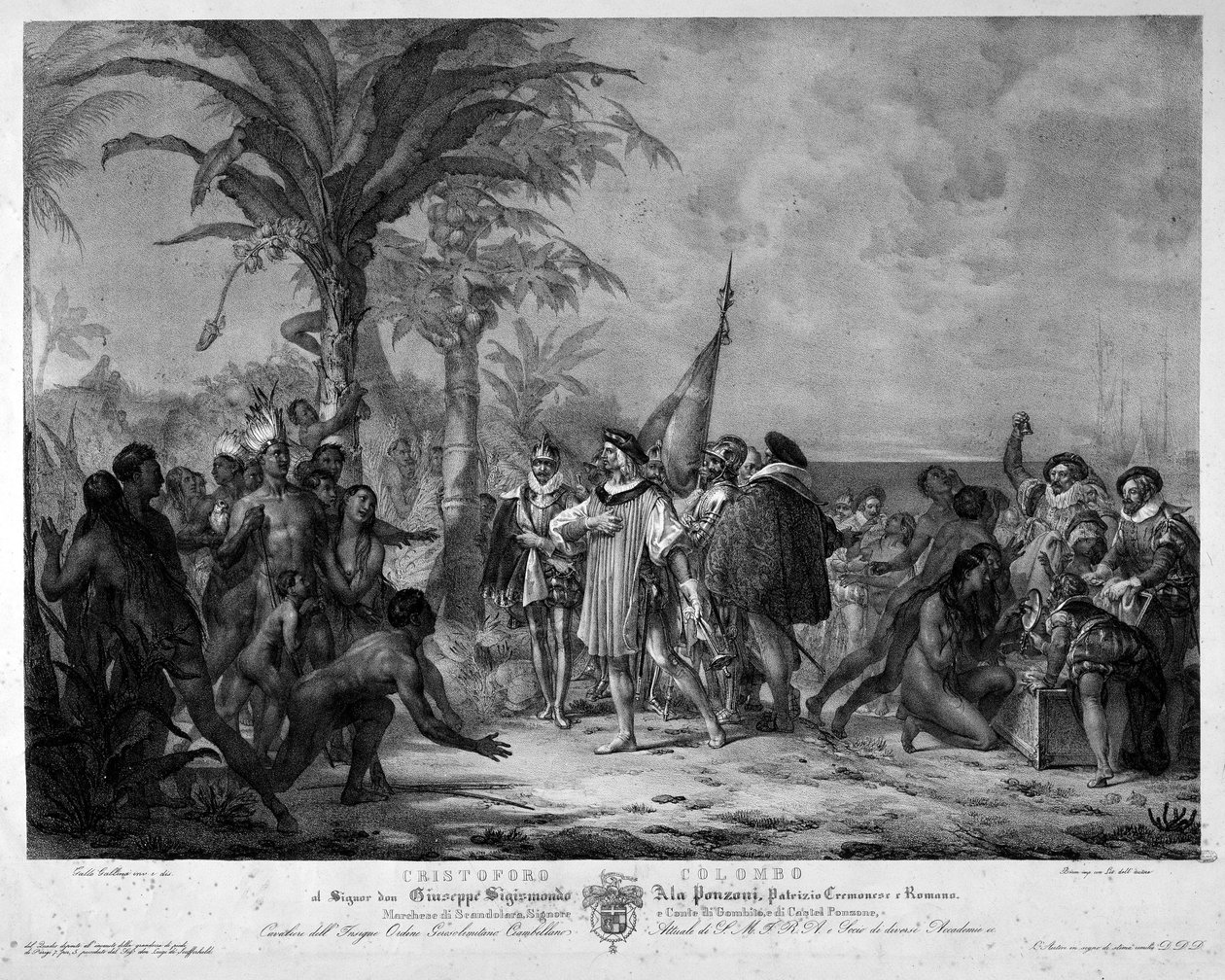 Landingen av Christopher Columbus i San Salvador (Bahamas) 12/10/1492. Gravering fra 1800-tallet. av Unknown artist