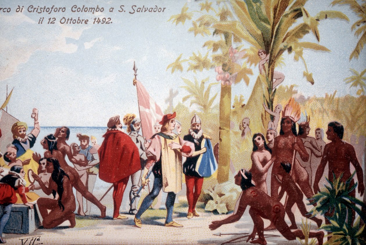 Landingen av Christopher Columbus i San Salvador (Bahamas) 12/10/1492. kromolitografi fra 1800-tallet. av Unknown artist