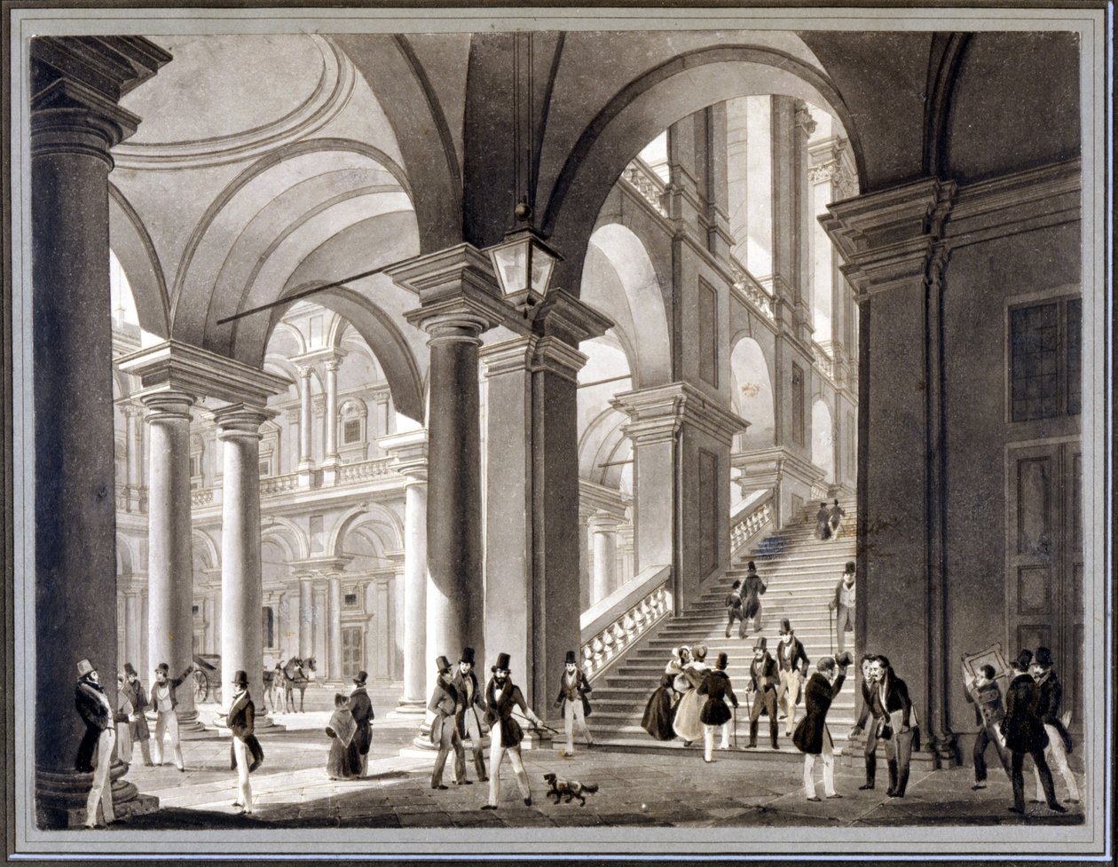 Den store trappen til Brera. Aquatint av Giovanni Migliara, ca 1820. av Unknown artist