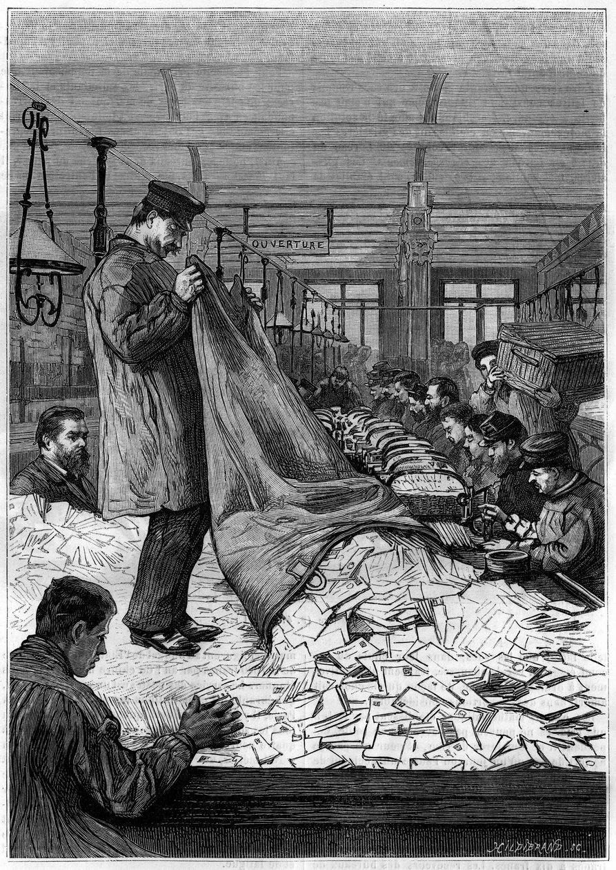 The large tables of letters in the sorting centers of the Hotel des Postes on the Rue du Louvre in Paris. Engraving in the journal “” La jeunesse”” av Unknown artist