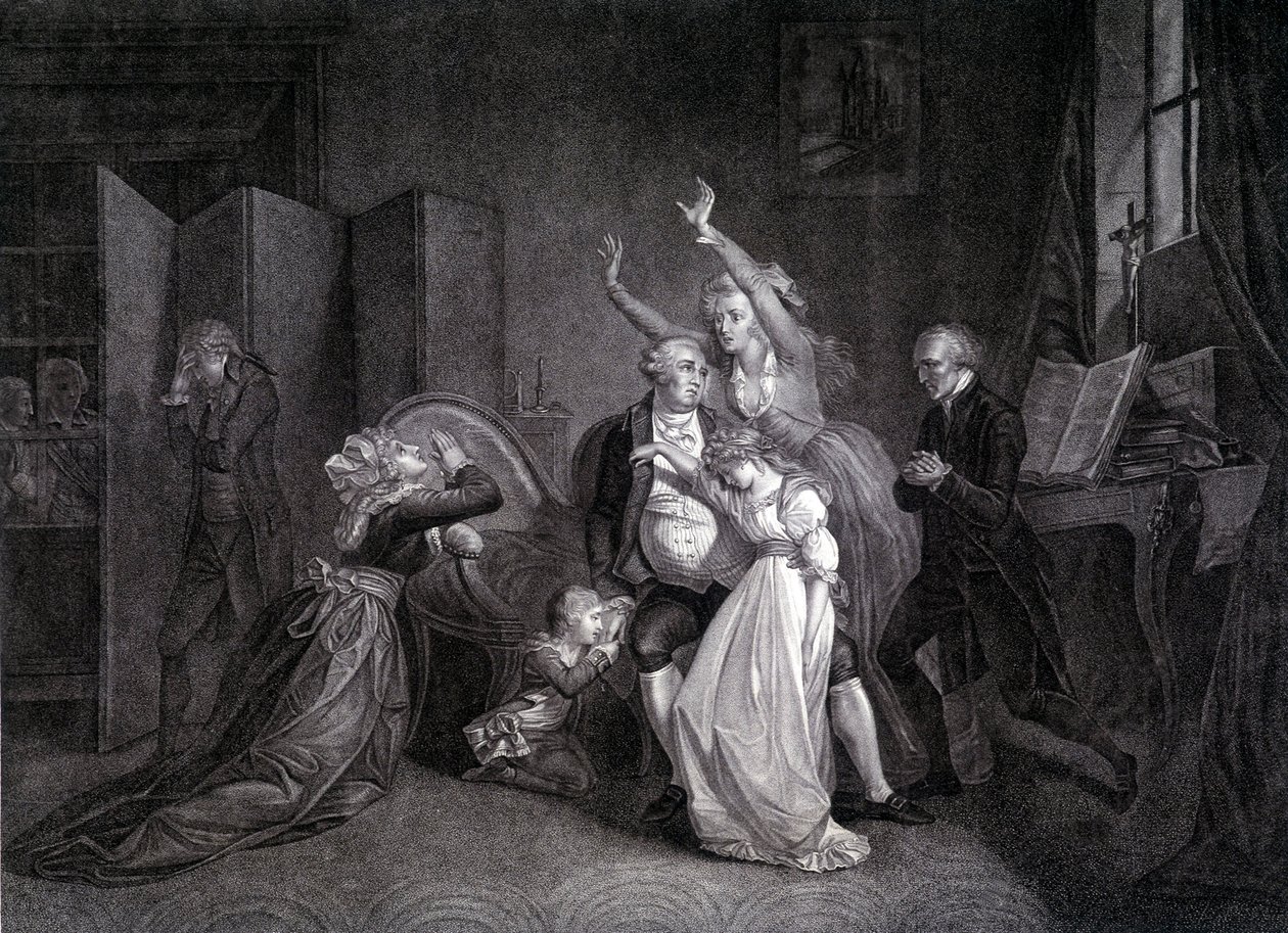 Det siste intervjuet av Louis XVI med familien hans (Marie Antoinette og Louis XVII). Gravering av 1800-tallet. av Unknown artist