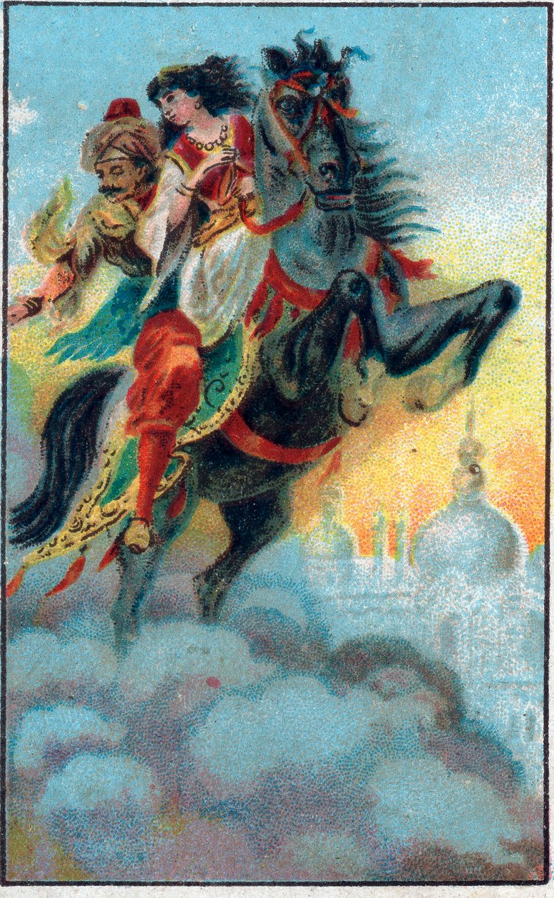 Lekkasjen. Fortelling "" Historien om den fortryllede hesten""" i "" De tusen og en natt""" (de 1001 nettene eller Le mille e una notte, Arabian Nights). Kromolitografi fra slutten av 1800-tallet. av Unknown artist