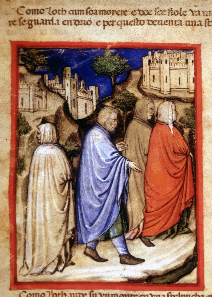 Lekkasjen til Loth og kona ble til en saltstatue for å se tilbake. Miniatyr fra kodeks 212 (eller padovano-kodeks eller Bible of Padua) 1390-1400 Rovigo, Accademia dei Concordi av Unknown artist