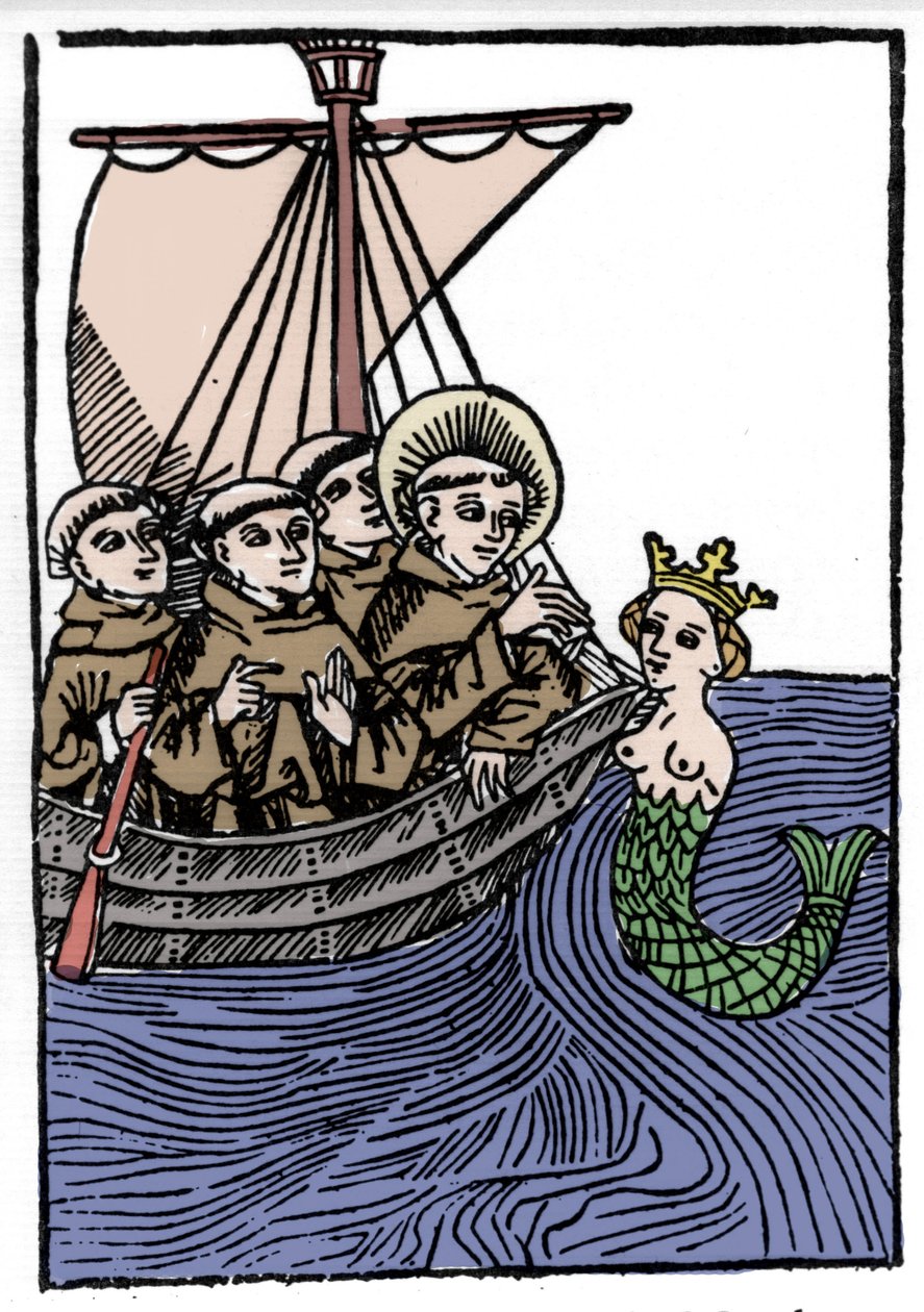 Legenden om Saint Brendan (Brandan), helter og irsk helgen fra det 6. århundre. St. Brendans møte med Sirene. Gravering av “” Die Wunderbare Meerfahrt des Hl. Brandan." Bale av Unknown artist