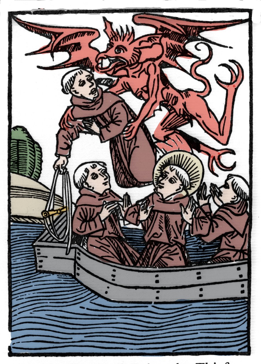 Legenden om Saint Brendan (Brandan), helter og irsk helgen fra det 6. århundre Djevelen tar bort tyvmunken. Gravering av “” Die Wunderbare Meerfahrt des Hl. Brandan." Bale av Unknown artist