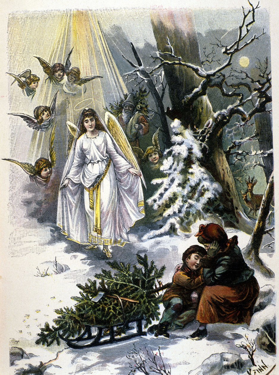 Legenden om juletreet: utseendet til en engel. Illustrasjon av 1800-tallet. av Unknown artist