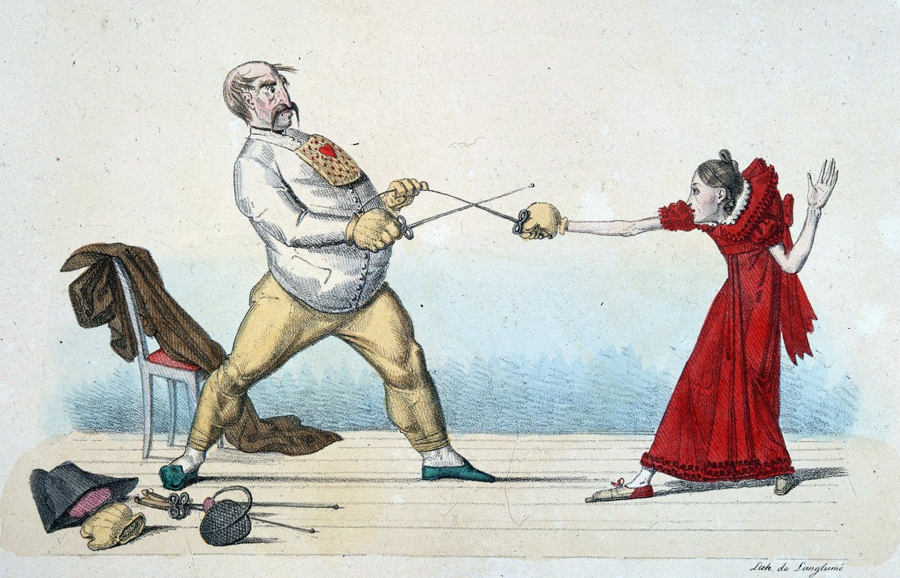 Lærdommen om fekting: hvordan rette opp størrelsen på unge mennesker og forhindre ulykker - 1800-tallet, Musee Carnavalet. av Unknown artist
