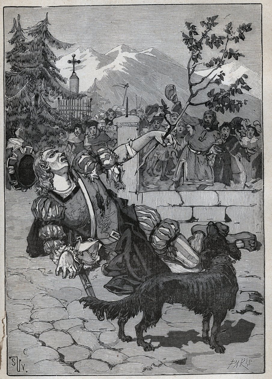 Lindetreet i Fribourg: en soldat fra Helvetic Confederation kom til Fribourg for å kunngjøre Sveits seier mot Karl Temeraire i slaget ved Morat 22. juni 1476 med en lindegren fra slagmarken. Soldaten døde a av Unknown artist
