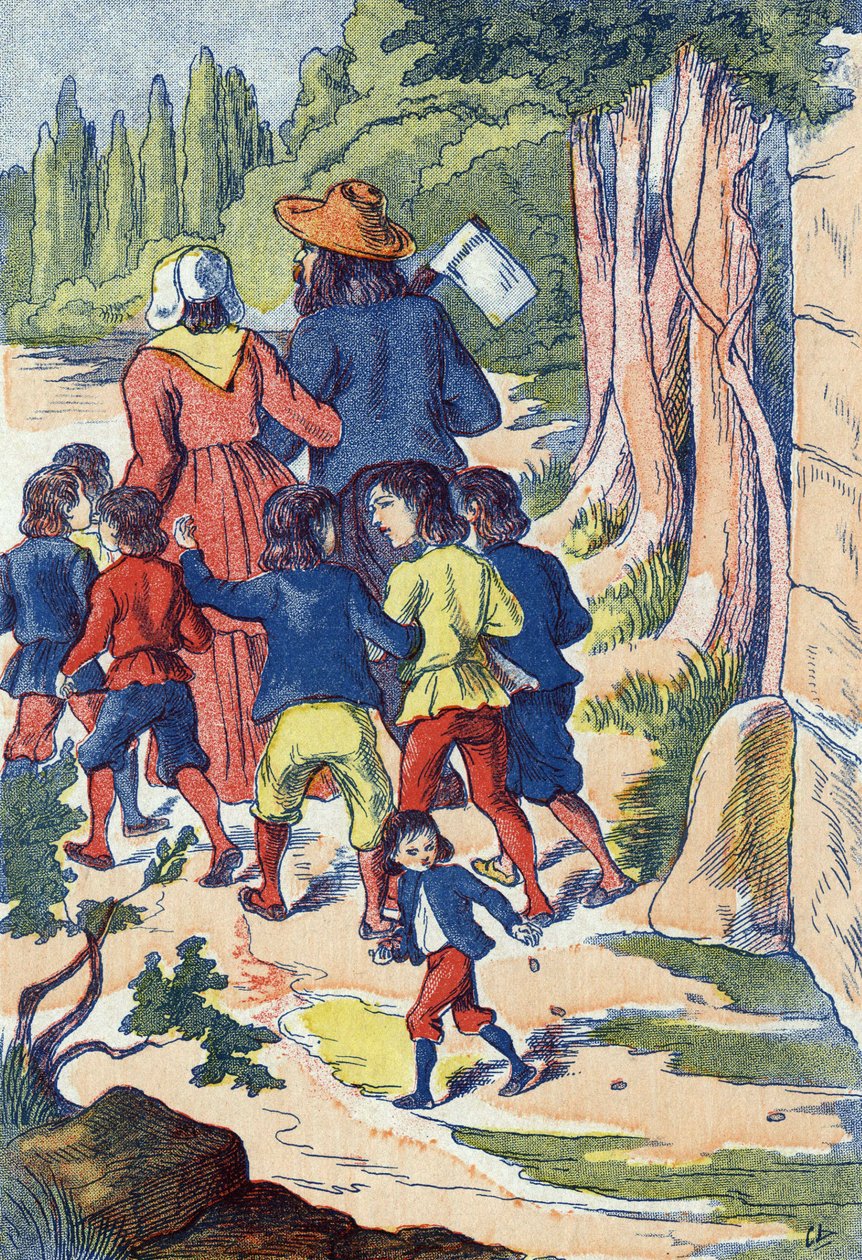 The little poucet sows rocks in his way. Illustration for “” Le Pepetit poucet””, tale by Charles Perrault (1628-1703), French writer. Anonymous illustration. Imagery Marcel Vagne, Jarville Nancy, undated (late 19th century). av Unknown artist
