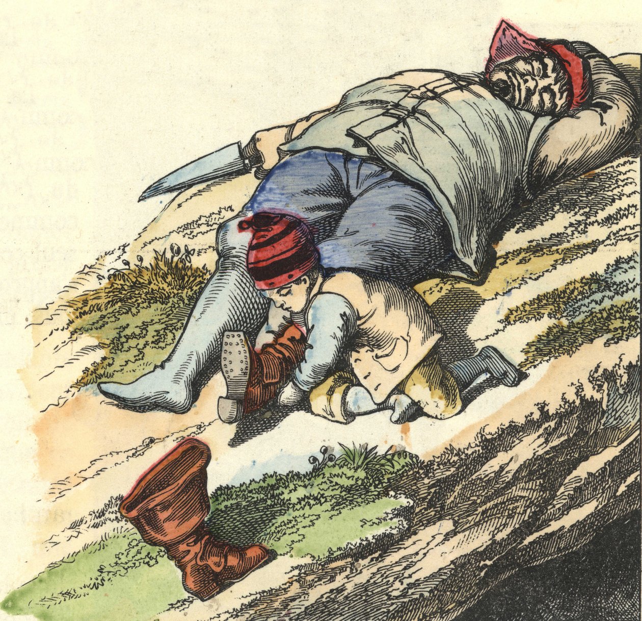 Den lille pungen stjeler støvlene fra 7 steder fra den sovende trollet. Illustrasjon av historien "" Le Petit Poucet"" av Charles Perrault av Unknown artist