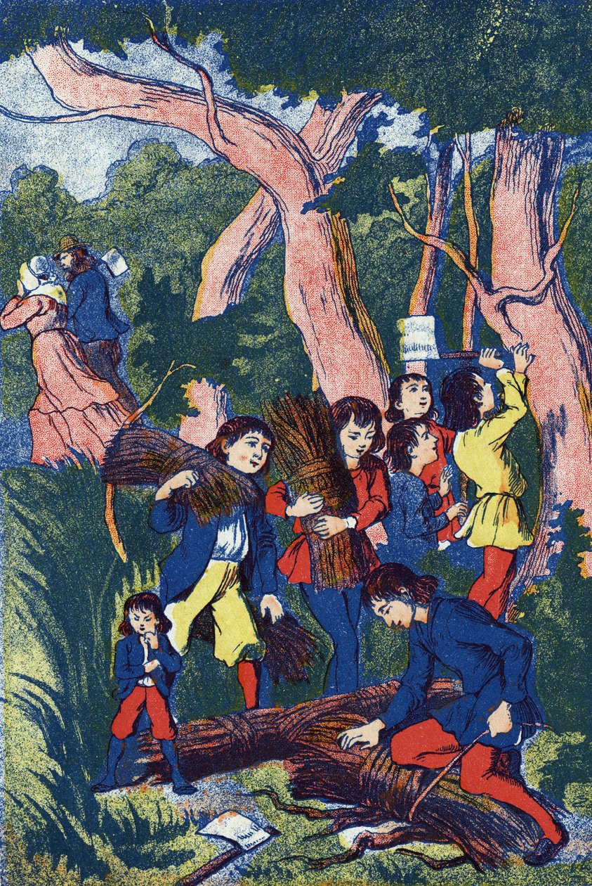 Tømmerhoggerne forlater barna sine, Illustrasjon for "" Le Pepetit poucet"", fortelling av Charles Perrault (1628-1703), fransk forfatter. Anonym illustrasjon. Bilder Marcel Vagne, Jarville Nancy, udatert (slutten av 1800-tallet). av Unknown artist