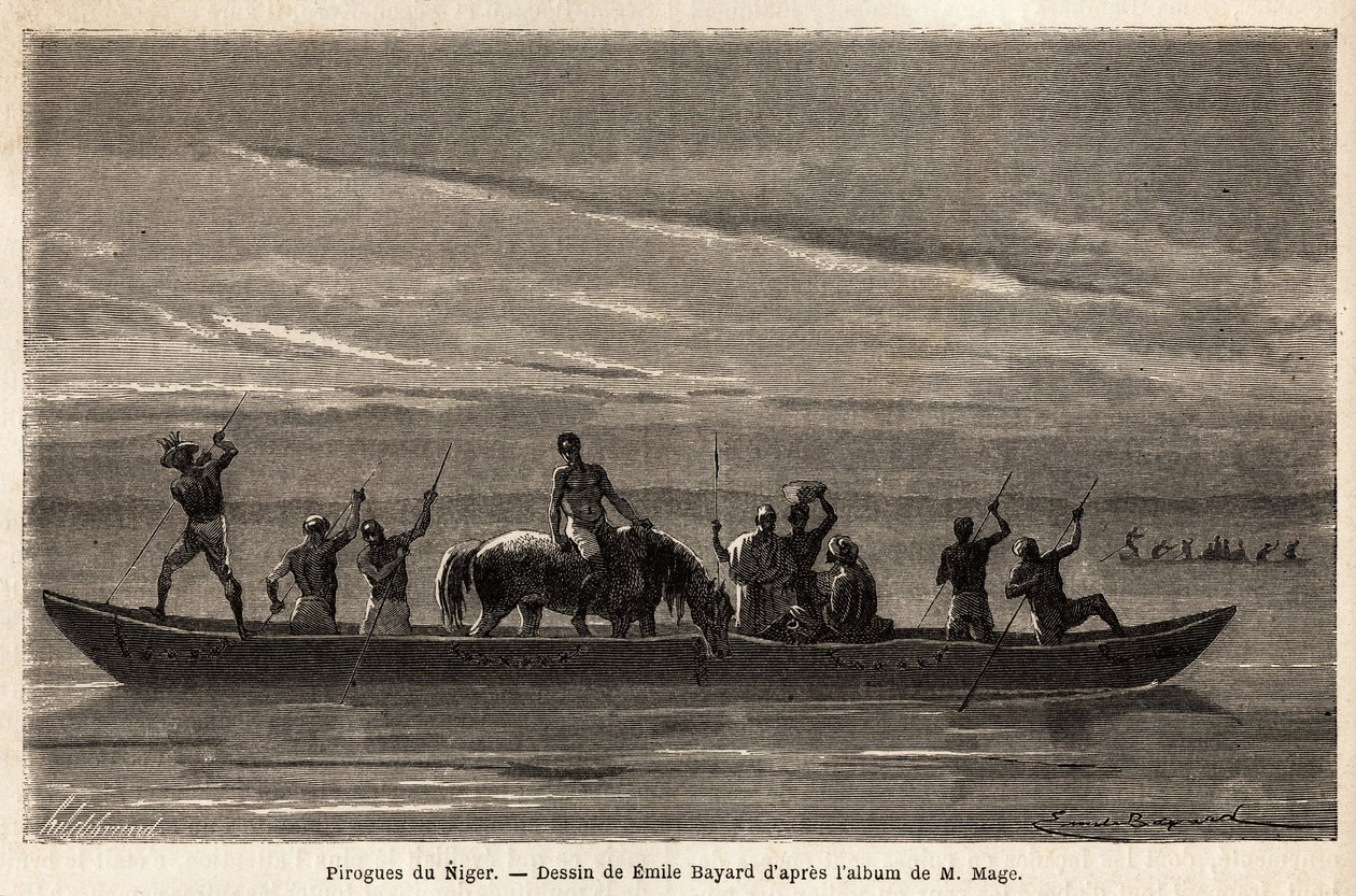 De lange kanoene til Bambaras ved Niger-elven, manøvrert med lange sitteplasser, kan frakte flere mennesker og til og med storfe eller hester. Gravering for å illustrere reisen til Vest-Sudan til løytnant (Marine) M. Mage, i 1863-1866, publisert i "Le tour av Unknown artist