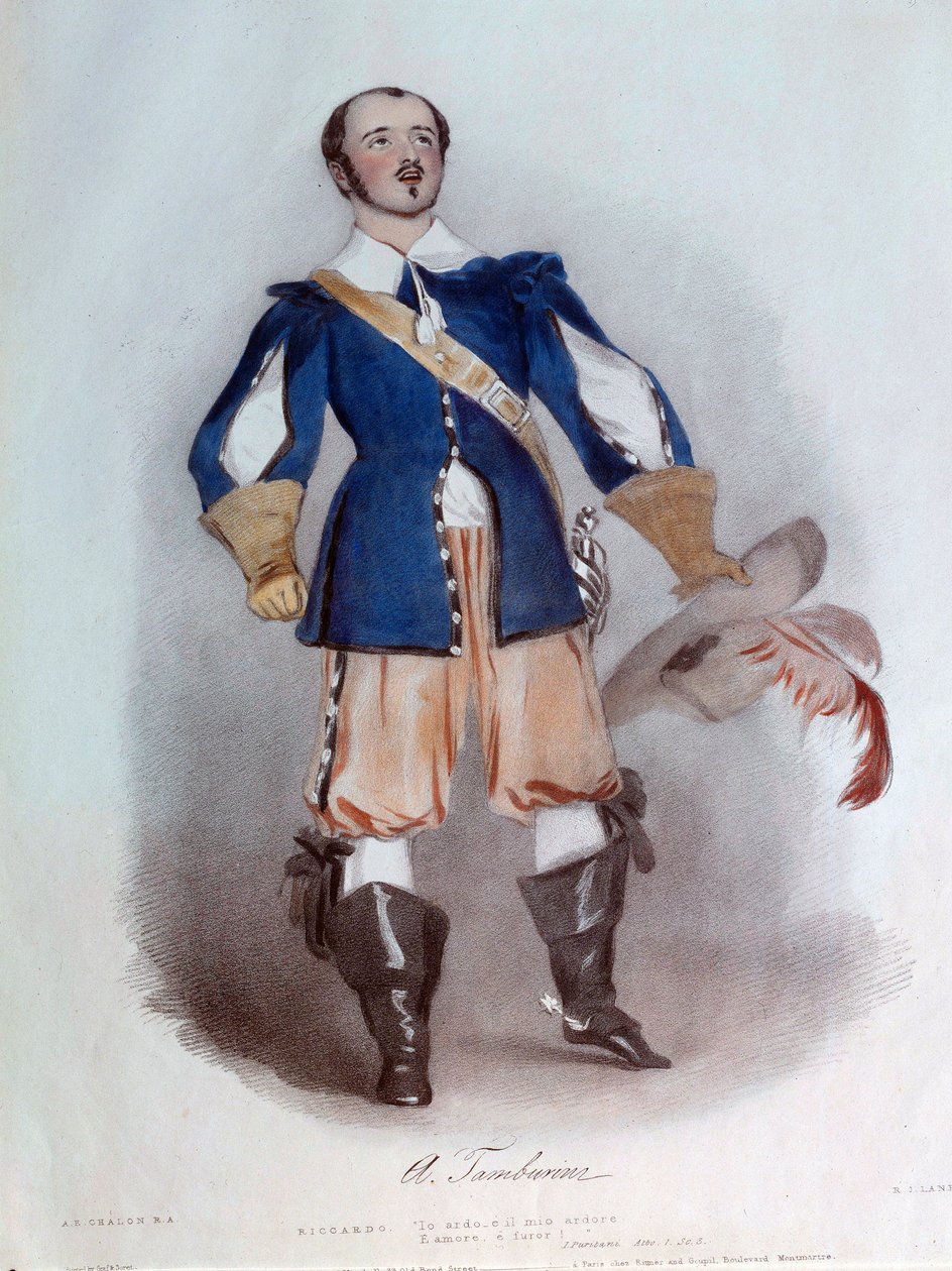 Den lyriske sangeren Antonio Tamburini (1800-1876) i rollen som Riccardo for operaen "I puritani"" av Vincenzo Bellini (1801-1835), akvarell fra 1836. Paris, biblioteket til Operamuseet av Unknown artist