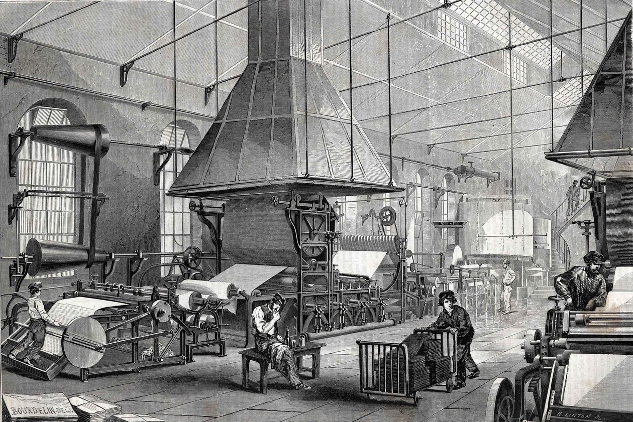The machinery room of a stationery. Engraving av Unknown artist