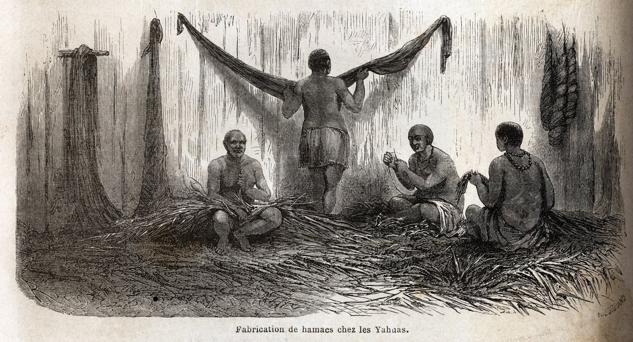 Laging av hengekøyefileter blant Yahua-indianerne i Peru, fra tynne tråder av palme-chambira-lokker. Gravering for å illustrere reisen fra Stillehavet til L
