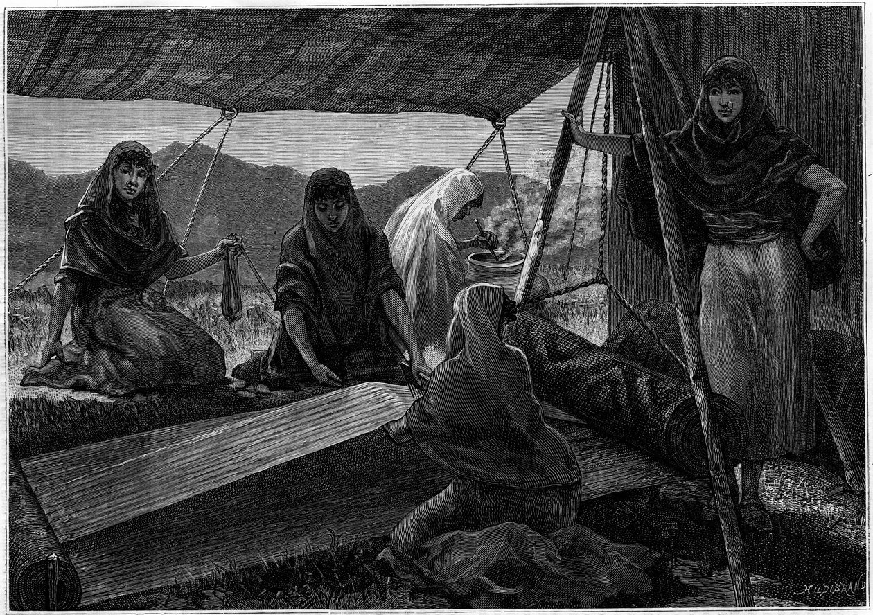 Produksjon av tepper av nomadiske kvinner i Persia. Gravering i journalen "" La jeunesse"" av Unknown artist
