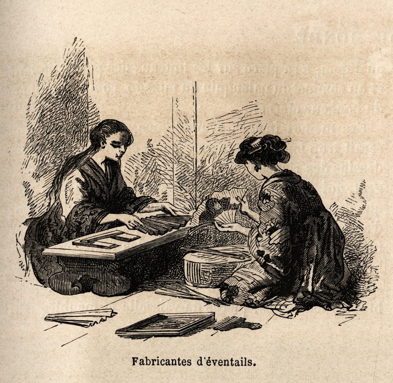 Produksjon av eventtails. Gravering for å illustrere reisen til Japan i 1863-1864, av Aime Humbert, minister for det sveitsiske konføderasjonen, i "Le tour du monde, nouveau journal des voyages", utgitt under ledelse av Edouard Charton av Unknown artist