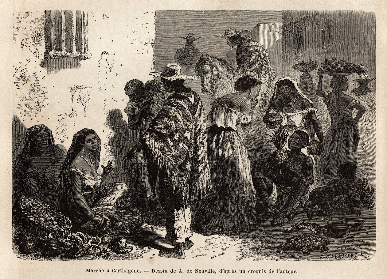 Marsjen til Cartagena (Colombia), i forstedene til byen, besøkes hovedsakelig av svarte, metis og indianere. Gravering for å illustrere reisen til New Granada, av Dr. Saffray, i 1869, publisert i "" Le tour du monde""" 1872, redigert av Edouard Charton, av Unknown artist