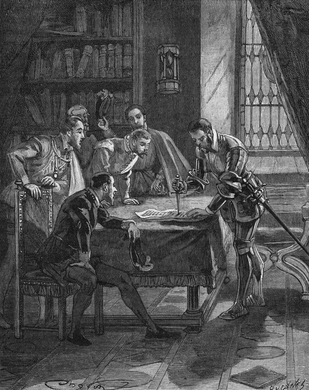 Marechalen fra Vieilleville plantet dolken sin i et patent der kongen av Frankrike Henry II (1519-1559) ga ham og de fem herrene som var tilstede i rommet rett til konfiskering av alle lånehaier og lutherianere i Guienne, Limousin, Quercy og S av Unknown artist