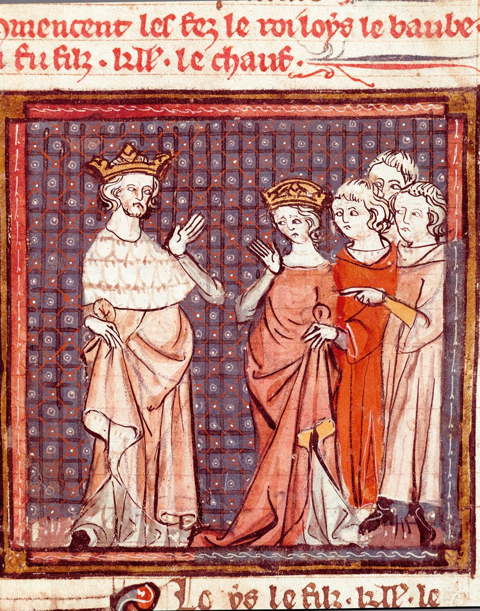 Ekteskapet til Louis II the Begue (846-879) kongen av frankene og Adelaide av Friuli i 875 Miniatyr fra "" Grandes Chronicles de France"" 1375-1379 kommunale bibliotek, Castres av Unknown artist