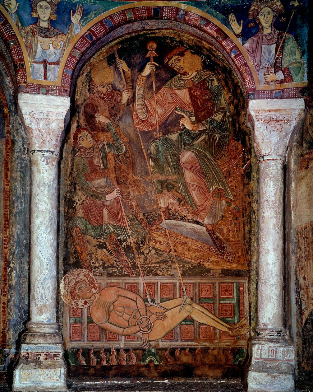 Martyrdøden til Saint Laurent (210/220-258) døde på grillen, freske av byen Berze. 1000-tallet. Chapel of the Moines, Berze la Ville av Unknown artist