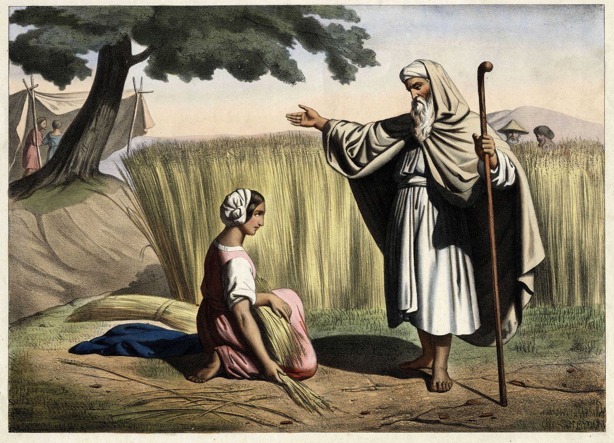 Møtet med Ruth og Boas (Booz), besteforeldre til kongen av Israel David (1000-972 f.Kr.). Anonym gravering fra midten av 1800-tallet. av Unknown artist