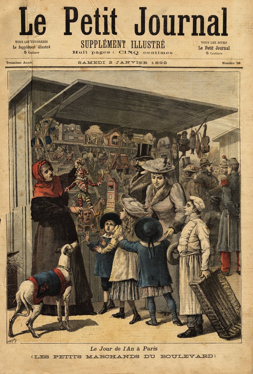 Kjøpmennene og deres boulevard vises på årets dag i Paris. Gravering i "" Le petit journal"" 2/01/1892. Selvas samling. av Unknown artist