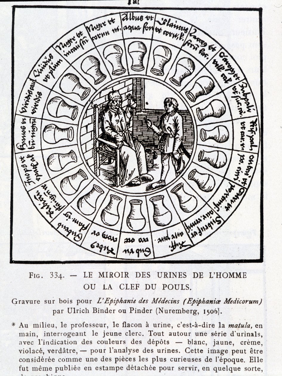 Speilet av menneskets urin eller "" Nøkkelen til pulsen""" - tregravering i "" The epiphany of doctors"" av Pinder (eller Binder), Nürnberg av Unknown artist