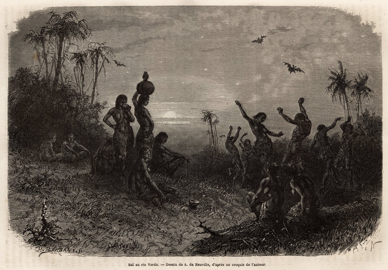Måneskinnsballen, som avslutter 18-årsjubileumsseremonien og bryllupet til en ung indisk mann fra Rio Verde (Brasil). Gravering for å illustrere reisen til New Granada, av Dr. Saffray, i 1869, publisert i "" Le tour du monde""" 1873, redigert av av Unknown artist