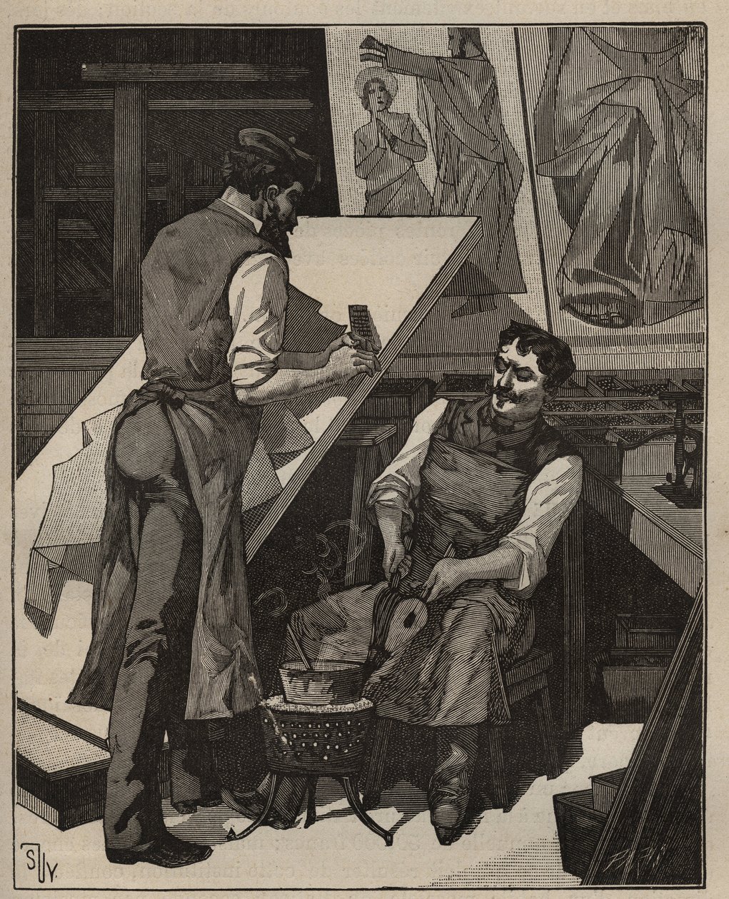 Mosaikken: mosaikkverksted. Gravering fra 1885 i "" Les arts et metiers illustres"" av Adolphe BITARD. av Unknown artist