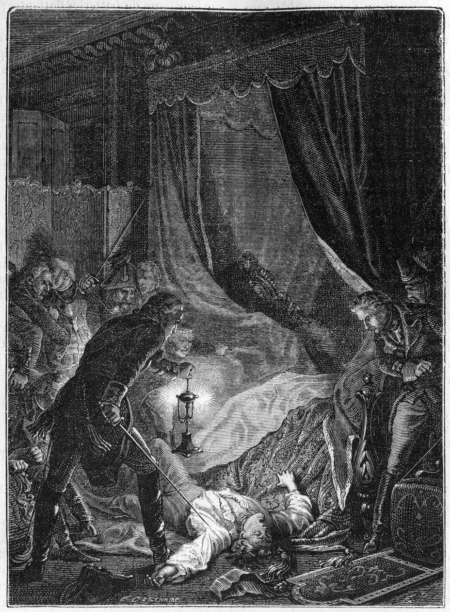 Drapet på tsar Paul I av Russland, mars 1801 - Illustrasjon 1882-1884 - Attentatet på Paul I Petrovich (1754-1801), russisk tsar, på rommet hans i Saint Michael