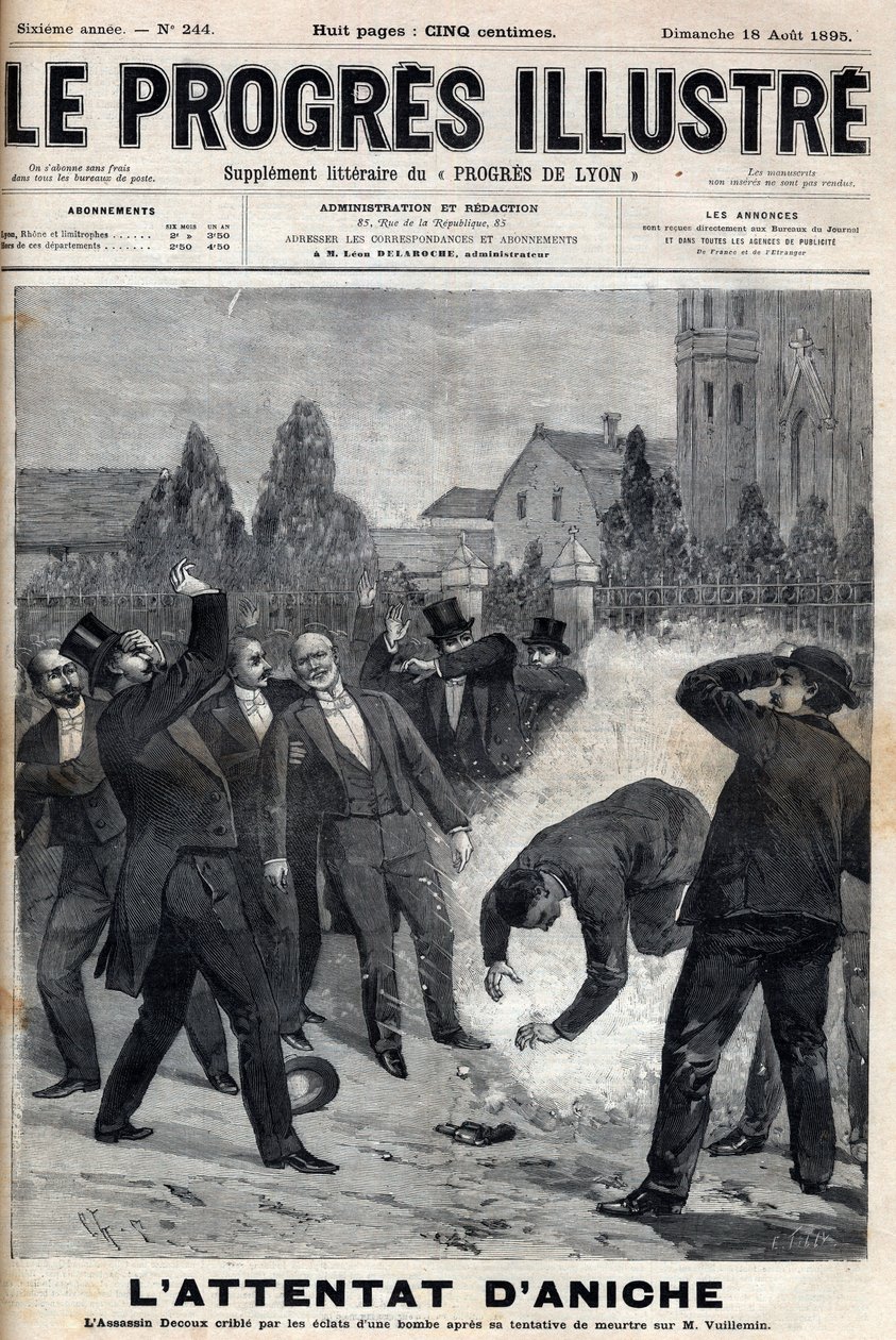 Morderen Clement Decoux er offer for sitt angrepsforsøk på Emile Vuillemin (1822-?), direktør for gruvene i Aniche, som feirer dagen 4. august 1895, hans femtiårsjubileum i spissen for kullproduksjonen - gravering i «Le Progres» illust av Unknown artist
