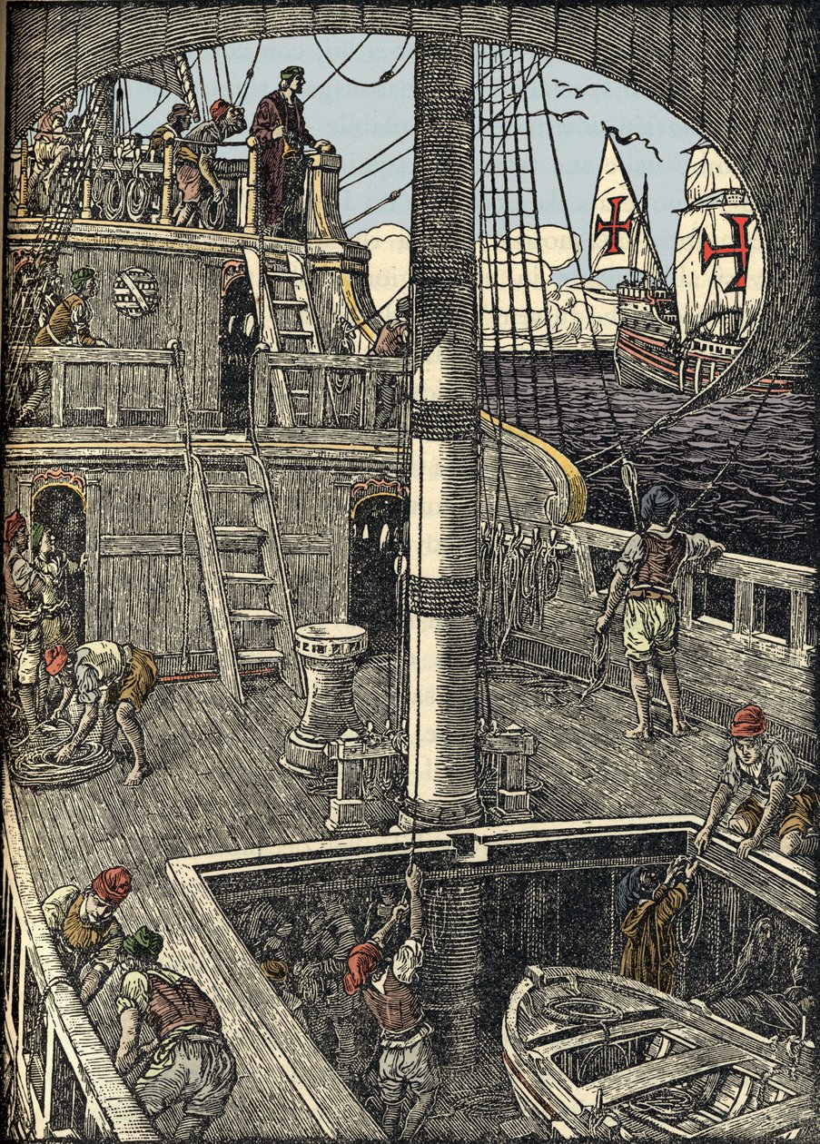Navigatøren Christopher Columbus (1451-1506) ombord på karavellen sin. av Unknown artist