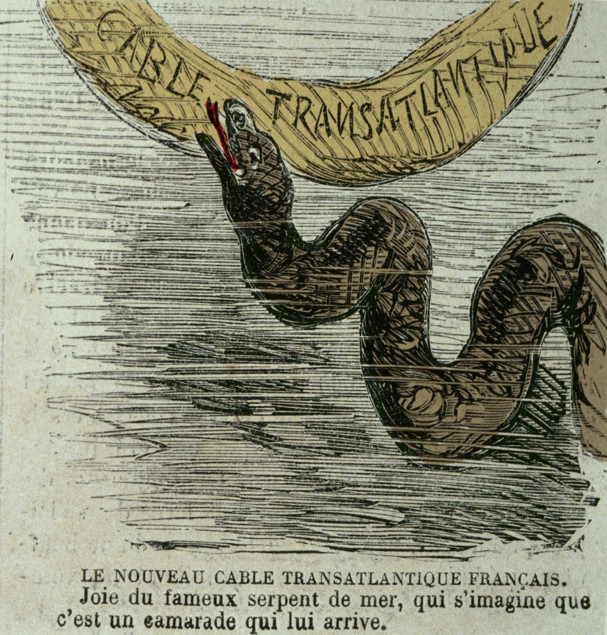 Den nye franske transatlantiske kabelen - Joy of the famous sea snake, som forestiller seg at det er en kamerat som kommer til ham. Humoristisk tegning på den gigantiske sjøslangen og den transatlantiske kabelen lagt i 1858. Eragravering. av Unknown artist