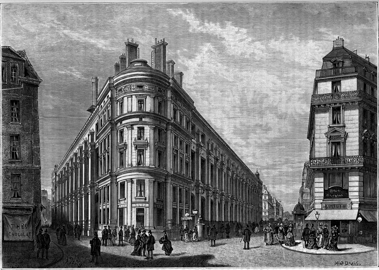Det nye Hotel des Postes på Rue du Louvre i Paris etter gjenoppbyggingen. Gravering i journalen ""Ungdom"" av Unknown artist