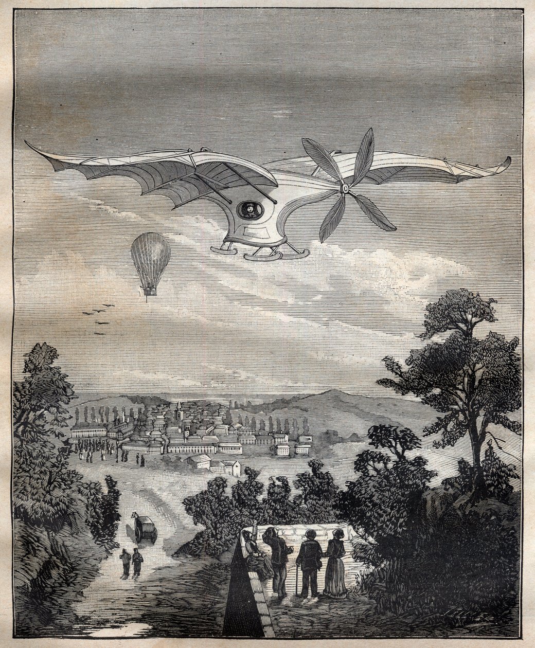 De nye aerostatene: fuglen til Clement Ader (1841-1925), Eole, under et eksperiment i parken til Eugene Pereire nær Paris i 1891, ville den ha fløyet 15 m over bakken - Gravering i "La Science francaise" av Unknown artist