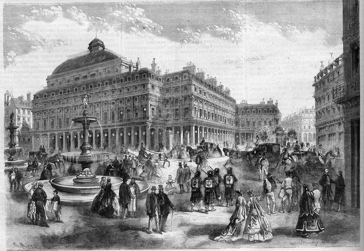 Det nye stedet for det franske teateret (Comedie Francaise) med fontenene projisert ved Palais Royal (Palais Royal) i Paris. Gravering i "" L'univers Illustrée"" av Unknown artist