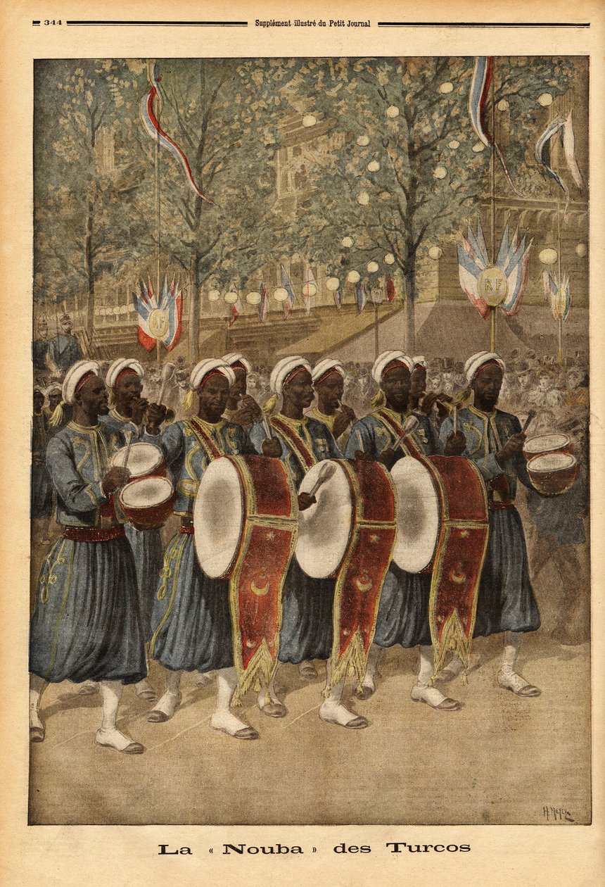 Nubaen til Turcos of Algerie, går gjennom gatene i Paris. Gravering i "" Le petit journal"" 25/10/1896. Selvas samling. av Unknown artist