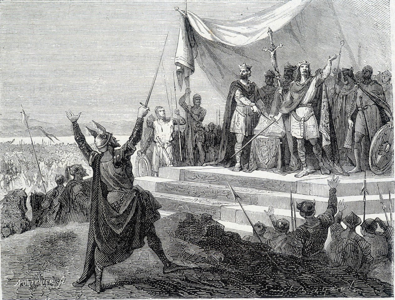 Eden til de to brødrene før deres rustning: Karl II den skallede og Ludvig II den germanske avlegger eden mot Lothaire I (Eden fra Strasbourg 842). Gravering av 1800-tallet. av Unknown artist